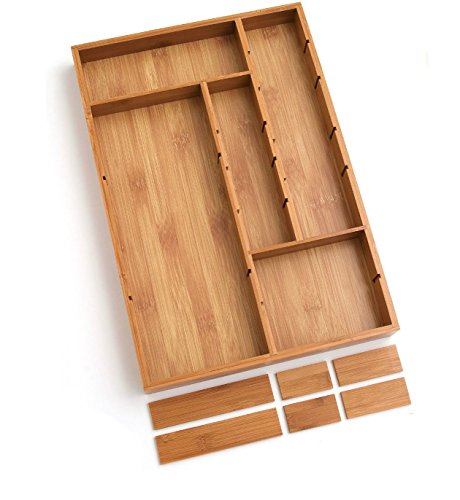 Bambüsi Bamboo Drawer Organizer Tray Adjustable Drawer Organizer with Removable Dividers