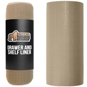 gorilla grip drawer liner and smooth drawer liner, shelf liner size 17.5x10, bathroom storage shelves, smooth liner size 17.5x20, non adhesive, both in beige, 2 item bundle