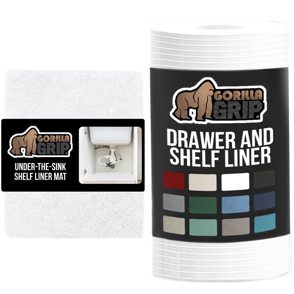 Gorilla Grip Under Sink Mat and Drawer Liner, Under Sink Mat Size 24x24 in White, Absorbent Mat for Below Sinks, Drawer Liner Size 17.5x20 in Clear, Strong Grip Liners for Drawers, 2 Item Bundle