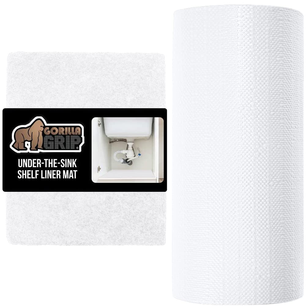 Gorilla Grip Under Sink Mat and Smooth Drawer Liner, Under Sink Mat Size 24x24, Absorbent Mat for Below Sinks, Drawer Liner Size 17.5x20, Non Adhesive, Both in White, 2 Item Bundle