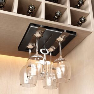 2 rows black wine glass rack, metal wine glass storage hanger with hook, under cabinet organizer suitable for all kinds of cups, screws included