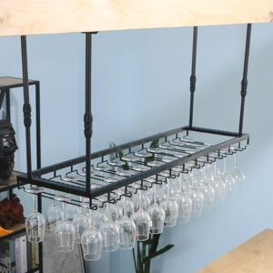 fkrack wine glass holder ceiling mounted wine glass hanging rack industrial height adjustable wine glass shelf (color : black, size : 120×40cm)