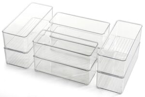 hudgan 8 pack clear plastic drawer organizers set, stackable deep drawer organizer for makeup vanity and desk, 2 sizes tall bathroom drawer organizer