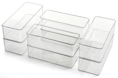 Hudgan 8 Pack Clear Plastic Drawer Organizers Set, Stackable Deep Drawer Organizer for Makeup Vanity and Desk, 2 Sizes Tall Bathroom Drawer Organizer