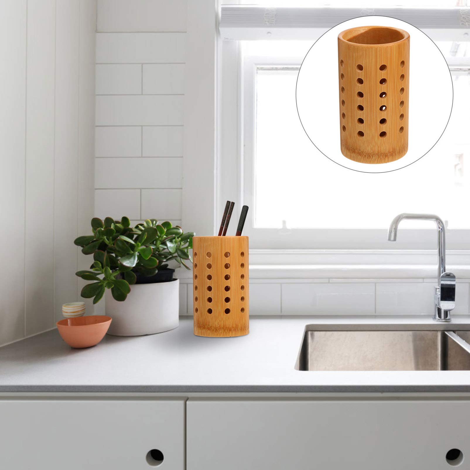 Hemoton Cooking Utensil Holder KItchen Utensil Holder Caddy Bamboo Kitchen Tool Holder Chopsticks Storage Barrel Spoon Fork Holder Cutlery Tableware Storage Container Organizer Wood Utensil Holder