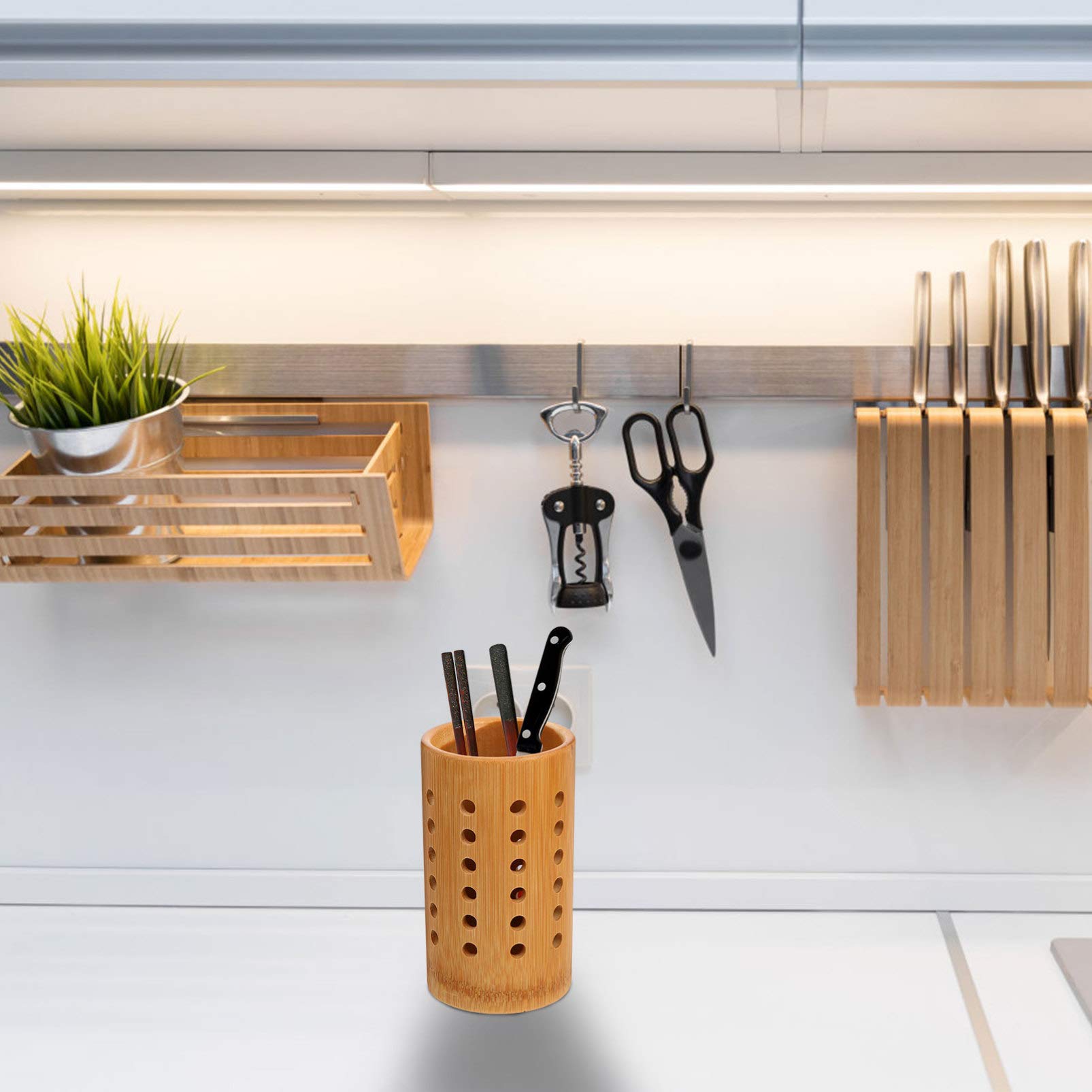 Hemoton Cooking Utensil Holder KItchen Utensil Holder Caddy Bamboo Kitchen Tool Holder Chopsticks Storage Barrel Spoon Fork Holder Cutlery Tableware Storage Container Organizer Wood Utensil Holder