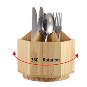 juxyes rotating utensil holder for kitchen countertop, wood utensil organizer with removable divider, rotatable flatware caddy cutlery holder silverware organizer for kitchen dining tables