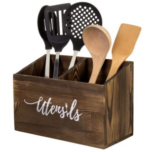 mygift 2-slot solid burnt wood kitchen utensil holder for countertop, cooking tools organizer caddy with cursive utensils word design