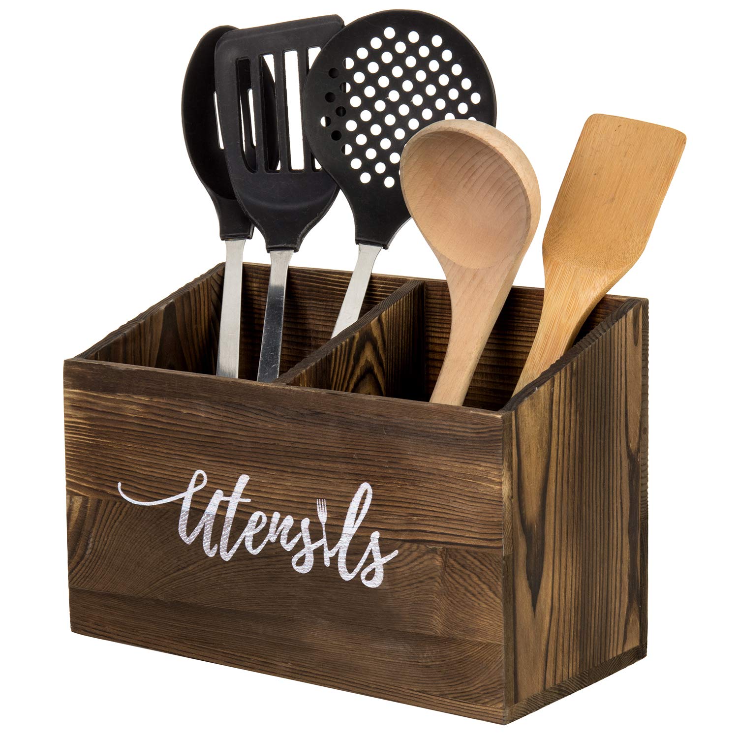 MyGift 2-Slot Solid Burnt Wood Kitchen Utensil Holder for Countertop, Cooking Tools Organizer Caddy with Cursive Utensils Word Design