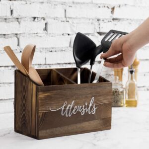 MyGift 2-Slot Solid Burnt Wood Kitchen Utensil Holder for Countertop, Cooking Tools Organizer Caddy with Cursive Utensils Word Design