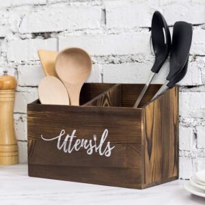 MyGift 2-Slot Solid Burnt Wood Kitchen Utensil Holder for Countertop, Cooking Tools Organizer Caddy with Cursive Utensils Word Design