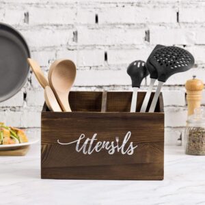 MyGift 2-Slot Solid Burnt Wood Kitchen Utensil Holder for Countertop, Cooking Tools Organizer Caddy with Cursive Utensils Word Design