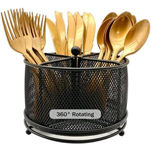 dysanvica 360° rotating metal utensil caddy - 4 compartment silverware cutlery holder rotation fork spoon napkin organizer flatware storage basket party countertop buffet picnic camping outdoor black