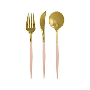 sophistiplate bella flatware cutlery set for 12 | fork, spoons & knives silverware utensil set | reusable dinnerware sets plastic & top rack dishwasher safe | gold with blush handle 36 count