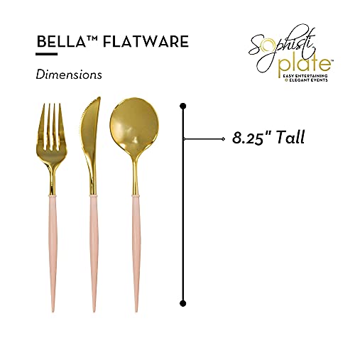 Sophistiplate Bella Flatware Cutlery Set for 12 | Fork, Spoons & Knives Silverware Utensil Set | Reusable Dinnerware Sets Plastic & Top Rack Dishwasher Safe | Gold with Blush Handle 36 Count