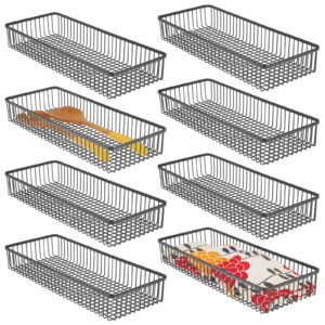 mdesign metal farmhouse kitchen cabinet drawer organizer basket tray, shallow storage bin for cutlery, serving spoons, cooking utensils, appliances, gadgets, unity collection, 15" long, 8 pack, black