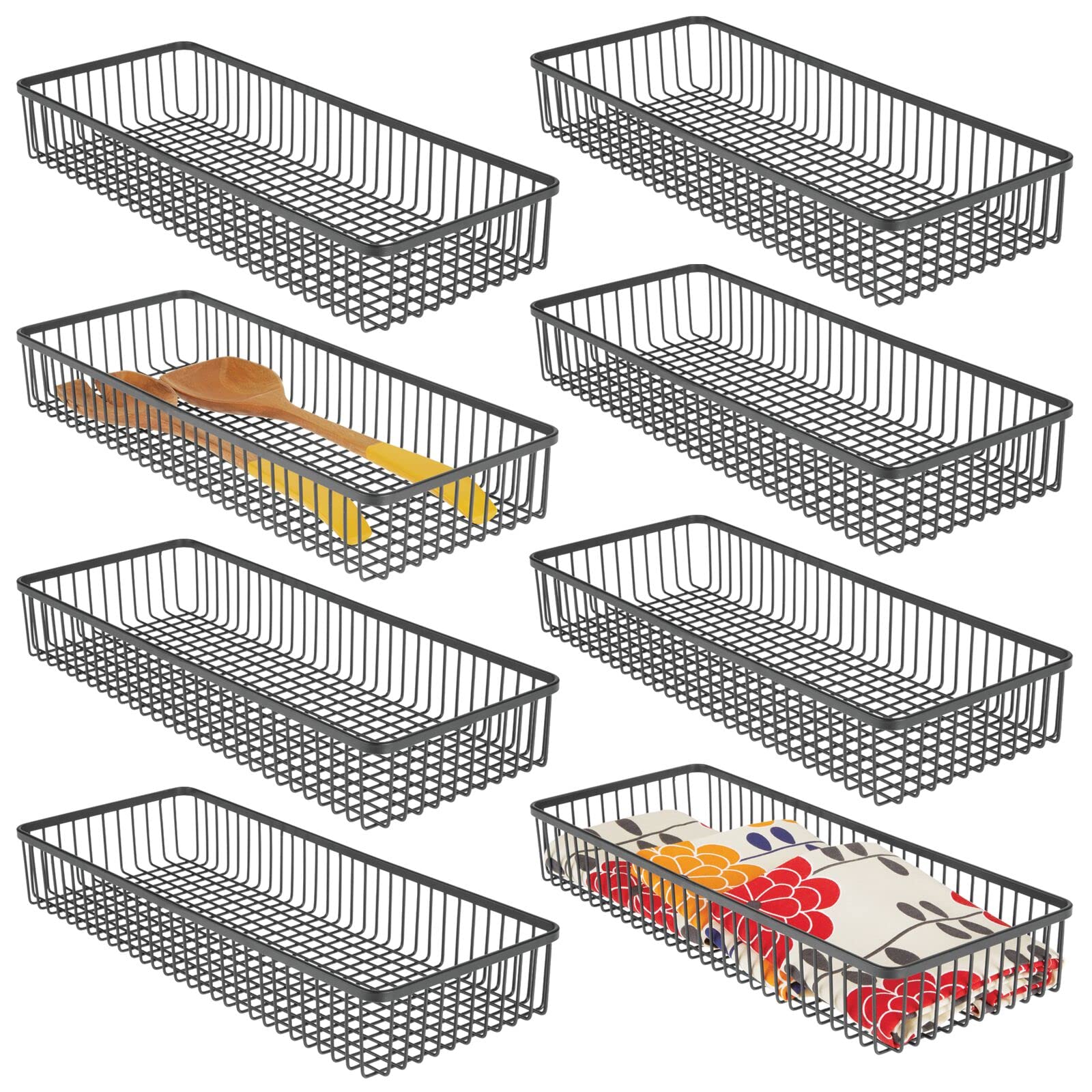 mDesign Metal Farmhouse Kitchen Cabinet Drawer Organizer Basket Tray, Shallow Storage Bin for Cutlery, Serving Spoons, Cooking Utensils, Appliances, Gadgets, Unity Collection, 15" Long, 8 Pack, Black