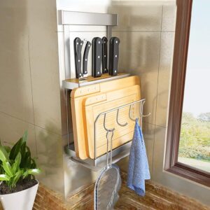 wall mounted knife block cutting board chopper holder, hanging knife drying rack kitchen storage organizer, bakeware rack pan pot cover lid rack, sus 304 stainless steel ( size : with drainer tray )