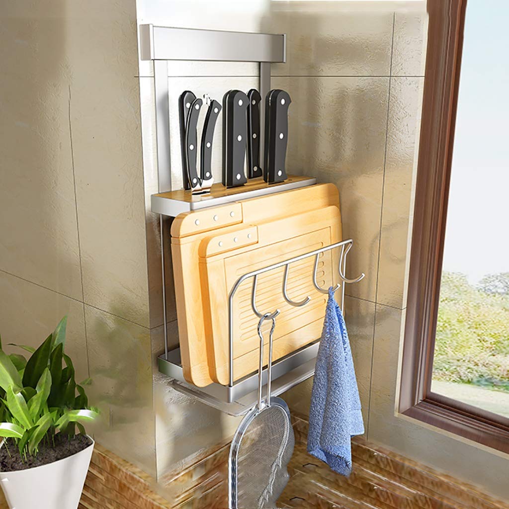 Wall Mounted Knife Block Cutting Board Chopper Holder, Hanging Knife Drying Rack Kitchen Storage Organizer, Bakeware Rack Pan Pot Cover Lid Rack, SUS 304 Stainless Steel ( Size : With drainer tray )