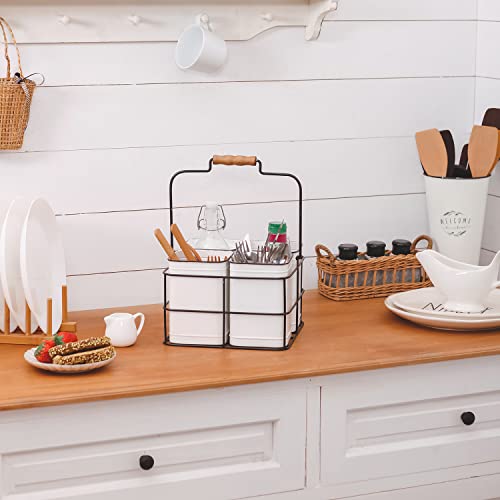 NIKKY HOME Farmhouse Utensil Caddy,Rustic Flatware Caddy with 4 Compartments,Caddy Organizer with Handle for Countertop,Cutlery Caddy Utensil Holder Caddy for Kitchen, Outdoors, Picnics, Parties