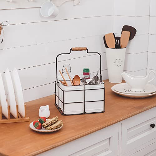 NIKKY HOME Farmhouse Utensil Caddy,Rustic Flatware Caddy with 4 Compartments,Caddy Organizer with Handle for Countertop,Cutlery Caddy Utensil Holder Caddy for Kitchen, Outdoors, Picnics, Parties