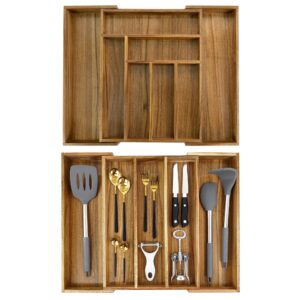 EcoFives Acacia Kitchen Drawer Organizer Expandable 8 Slots + Acacia Silverware Organizer Adjustable 5 Slots