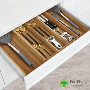 EcoFives Acacia Kitchen Drawer Organizer Expandable 8 Slots + Acacia Silverware Organizer Adjustable 5 Slots