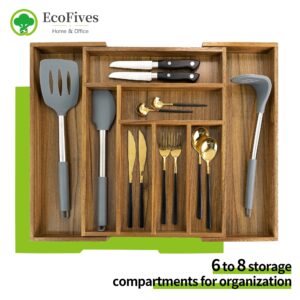 EcoFives Acacia Kitchen Drawer Organizer Expandable 8 Slots + Acacia Silverware Organizer Adjustable 5 Slots