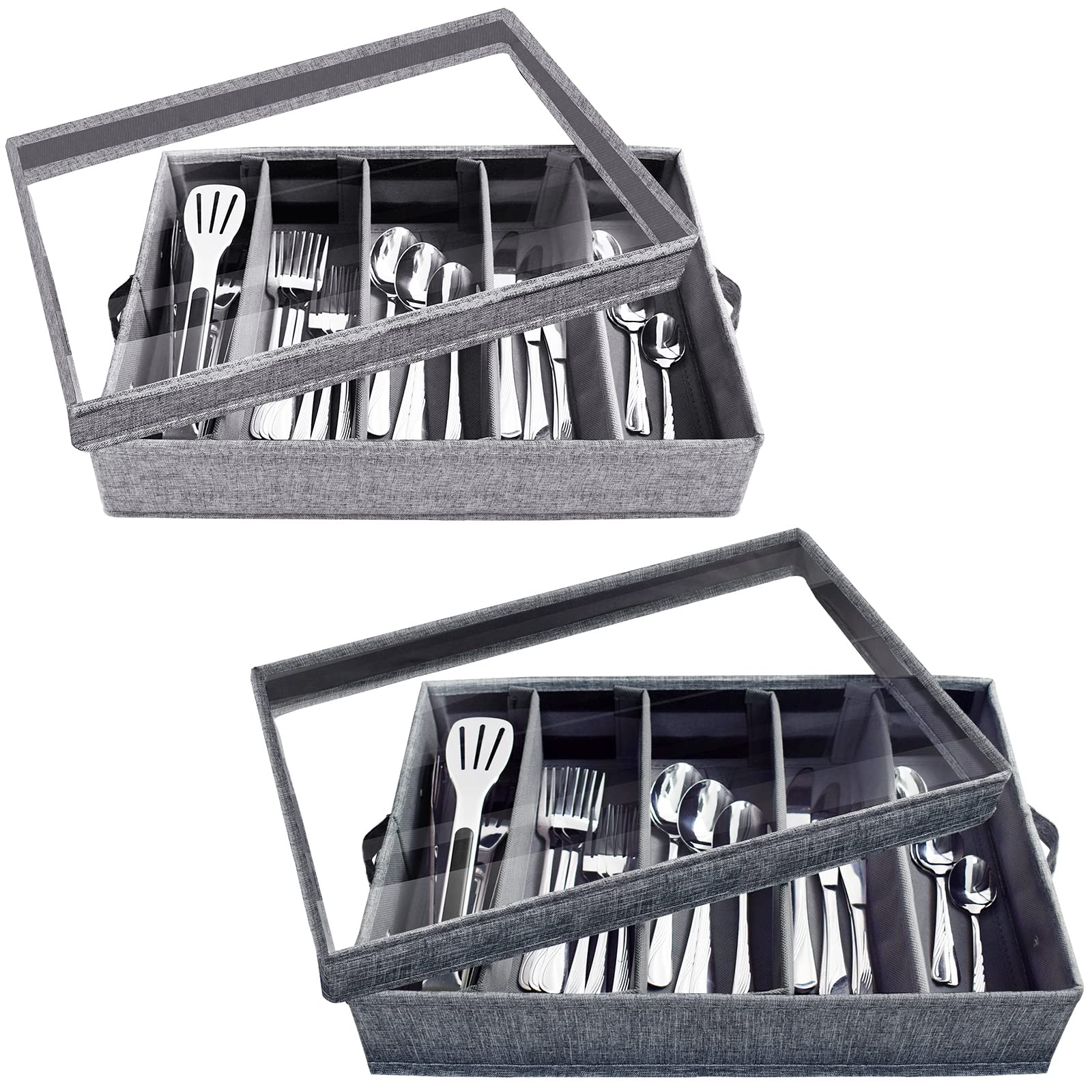 VERONLY Flatware Storage case with Adjustable Dividers, Utensil Silverware Organizer Box chest, Cutlery Storage Holder with Pvc Lid and Handles, Dinnerware Storage Containers for Organizing Cutlery, F