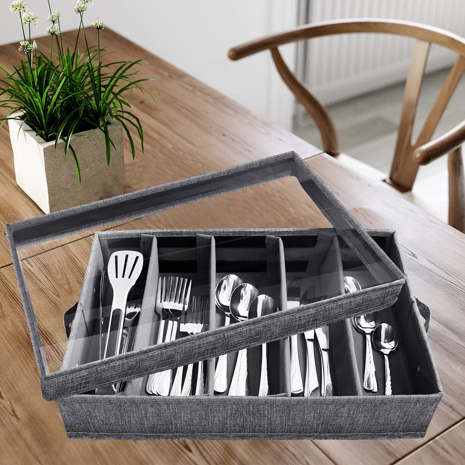 VERONLY Flatware Storage case with Adjustable Dividers, Utensil Silverware Organizer Box chest, Cutlery Storage Holder with Pvc Lid and Handles, Dinnerware Storage Containers for Organizing Cutlery, F