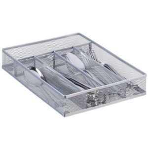 titivate Kitchen Cutlery Tray with 5 Compartments Storage, Utensil Drawer Organizer Mesh Flatware Silverware Holder for Forks/Knives/Spoons (Silver 2 Pack)