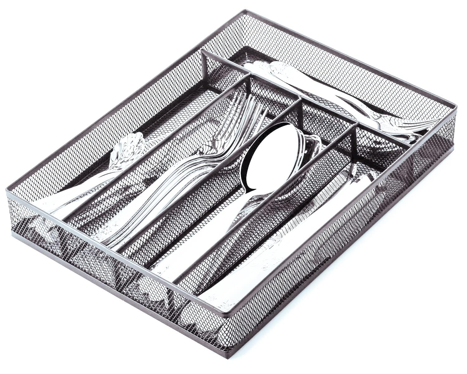 titivate Kitchen Cutlery Tray with 5 Compartments Storage, Utensil Drawer Organizer Mesh Flatware Silverware Holder for Forks/Knives/Spoons (Silver 2 Pack)