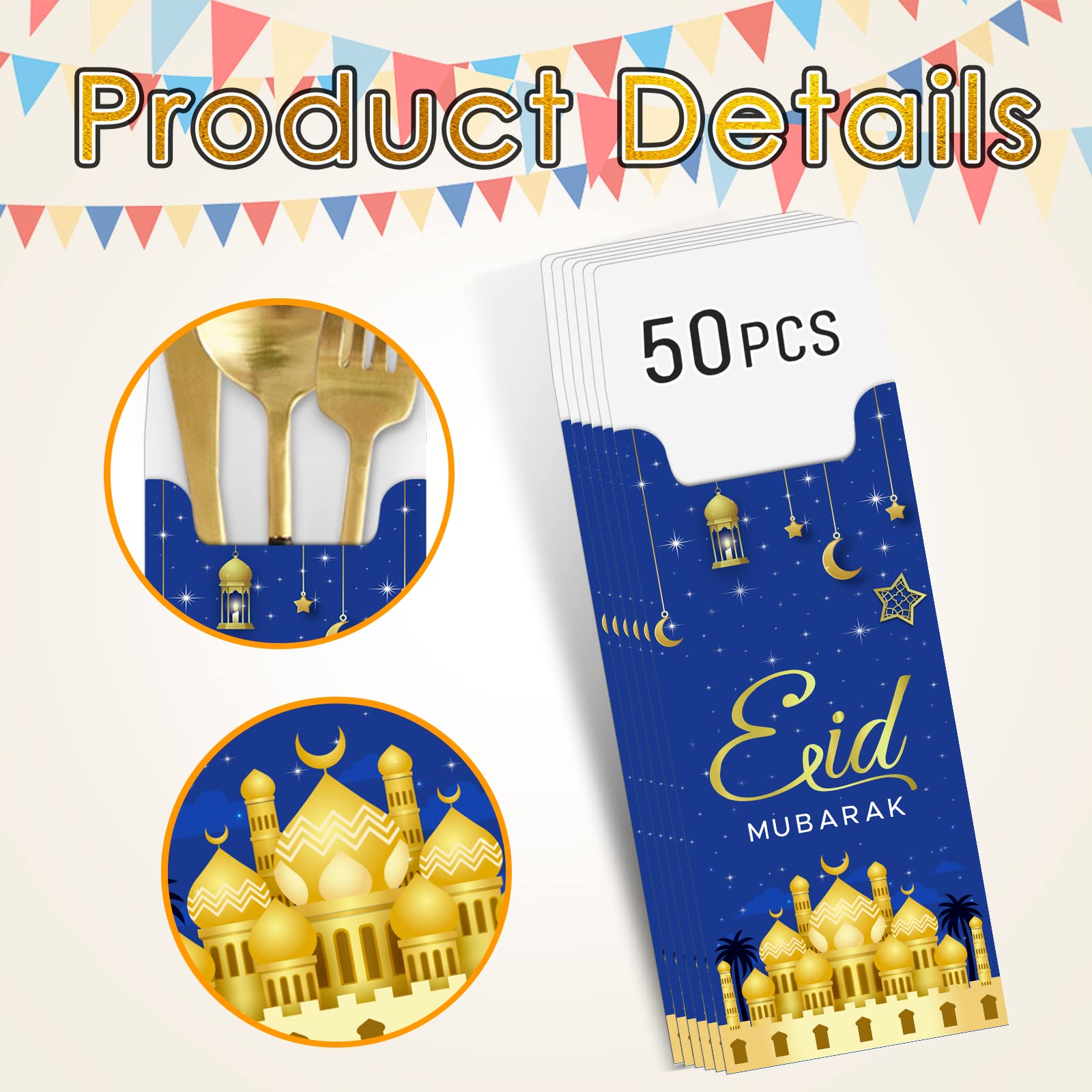 50 Pieces Ramadan Eid Mubarak Silverware Bags Eid al-Adha Utensil Cutlery Holders Muslim Home Table Decoration Eid Party Supplies