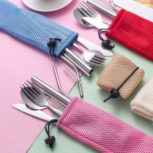 Teensery 8 Pcs Portable Cutlery Bag Straw Carrying Case Cutlery Drawstring Net Bag Tableware Storage Pouch Travel Bag for Straws, Knife, Fork, Spoon, Chopsticks, Cleaning Brush