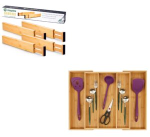 utoplike 4 pcs bamboo kitchen drawer dividers and bamboo expandable kitchen drawer organizer, adjustable utensil holder set