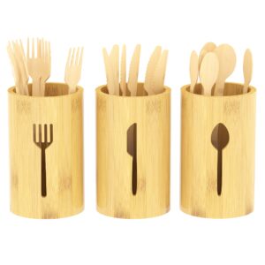 raslate 3 bamboo silverware utensil organizers flatware holders with biodegradable wooden cutlery set disposable 25 forks 25 spoons 25 knives for eating eco friendly serving natural cutlery