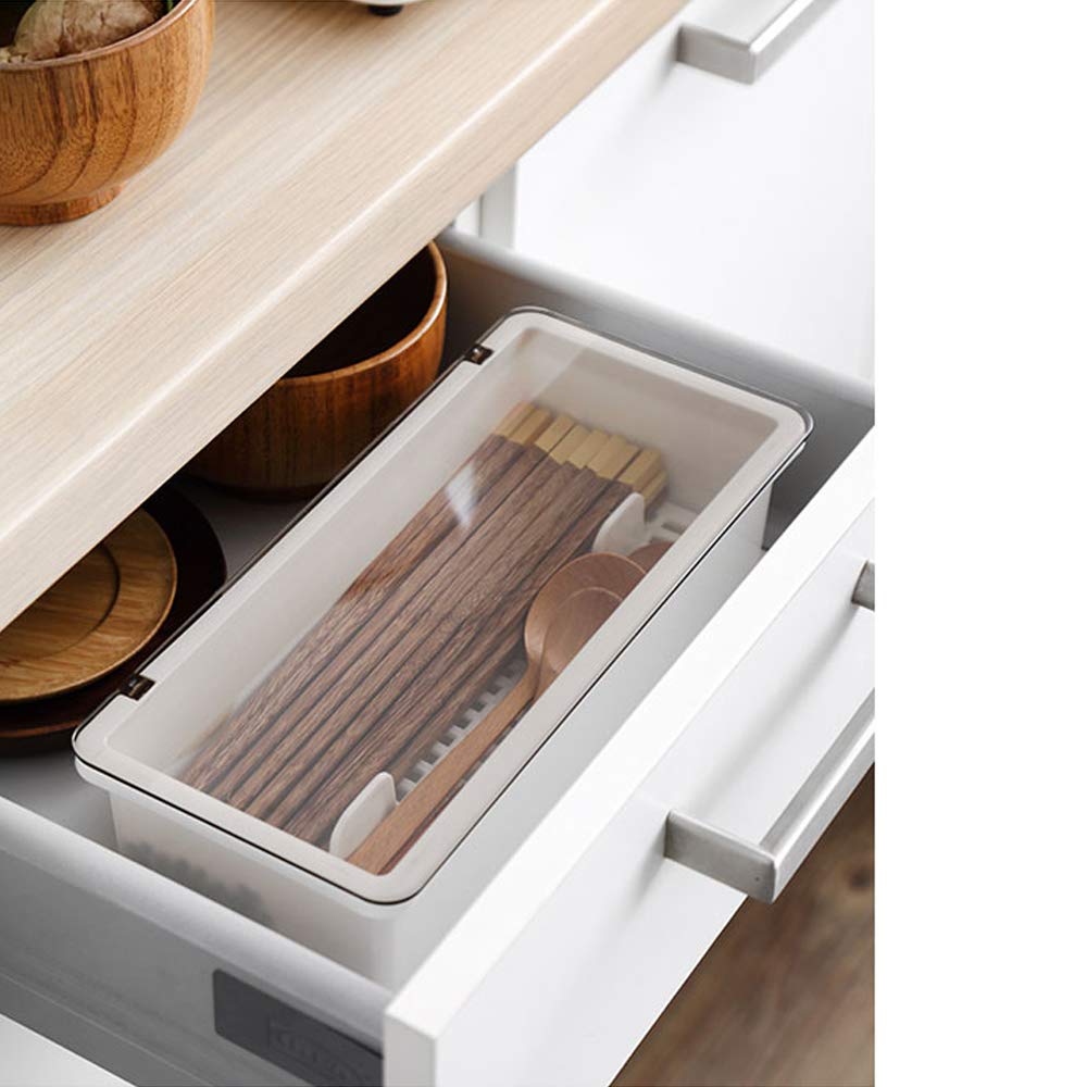 AIYoo Large Flatware Tray with Lid,Kitchen Cutlery and Utensil Drawer Organizer, Silverware Countertop Storage Container with Cover and Drainer,Camper Picnic Cutlery Holder,Plastic White