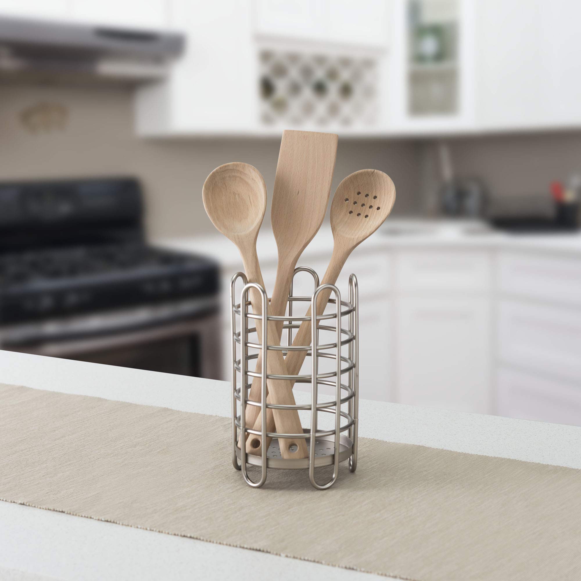 Home Basics Simplicity Collection Steel Free-Standing Utensil and Cutlery Holder with Quick Draining Holes, Satin Nickel