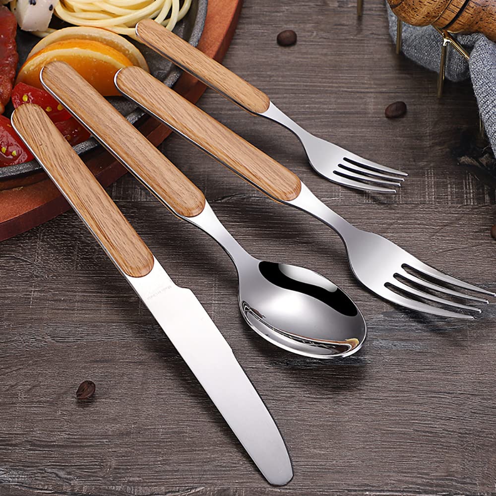 Silverware Set for 6 with Faux Wooden Handle 30-Piece Modern Stainless Steel Flatware Cutlery Set Includes Knife Fork Spoon, Eating Utensil for Home Kitchen Restaurant Mirror Polished