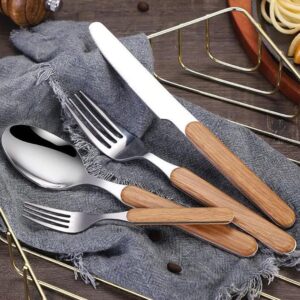 Silverware Set for 6 with Faux Wooden Handle 30-Piece Modern Stainless Steel Flatware Cutlery Set Includes Knife Fork Spoon, Eating Utensil for Home Kitchen Restaurant Mirror Polished