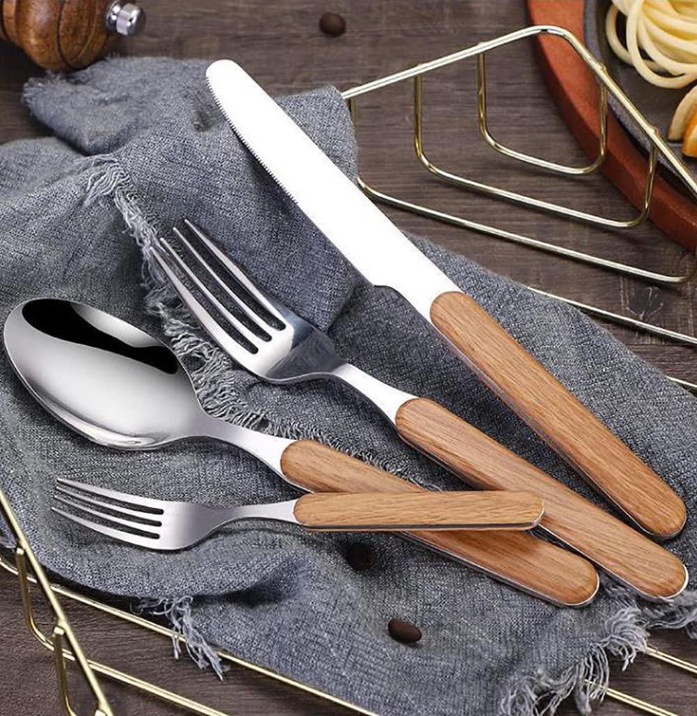 Silverware Set for 6 with Faux Wooden Handle 30-Piece Modern Stainless Steel Flatware Cutlery Set Includes Knife Fork Spoon, Eating Utensil for Home Kitchen Restaurant Mirror Polished