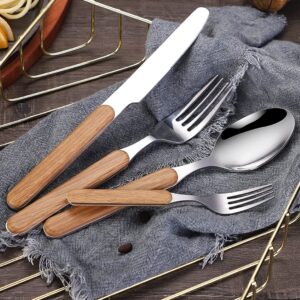 Silverware Set for 6 with Faux Wooden Handle 30-Piece Modern Stainless Steel Flatware Cutlery Set Includes Knife Fork Spoon, Eating Utensil for Home Kitchen Restaurant Mirror Polished