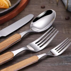 Silverware Set for 6 with Faux Wooden Handle 30-Piece Modern Stainless Steel Flatware Cutlery Set Includes Knife Fork Spoon, Eating Utensil for Home Kitchen Restaurant Mirror Polished