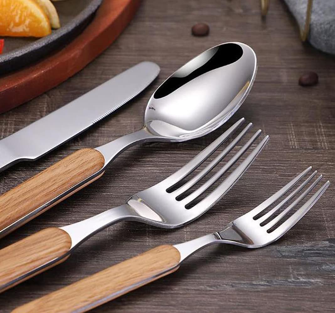Silverware Set for 6 with Faux Wooden Handle 30-Piece Modern Stainless Steel Flatware Cutlery Set Includes Knife Fork Spoon, Eating Utensil for Home Kitchen Restaurant Mirror Polished