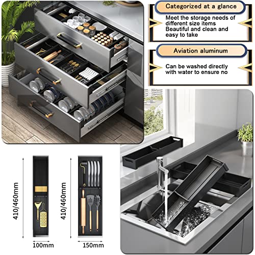 HongzyFirm Aluminum Alloy Kitchen Drawer Utensil Organizer Expandable Large Capacity Kitchen Tool Organizer and Cutlery Tray (2.36 x 5.90 x 18.11 INCH)