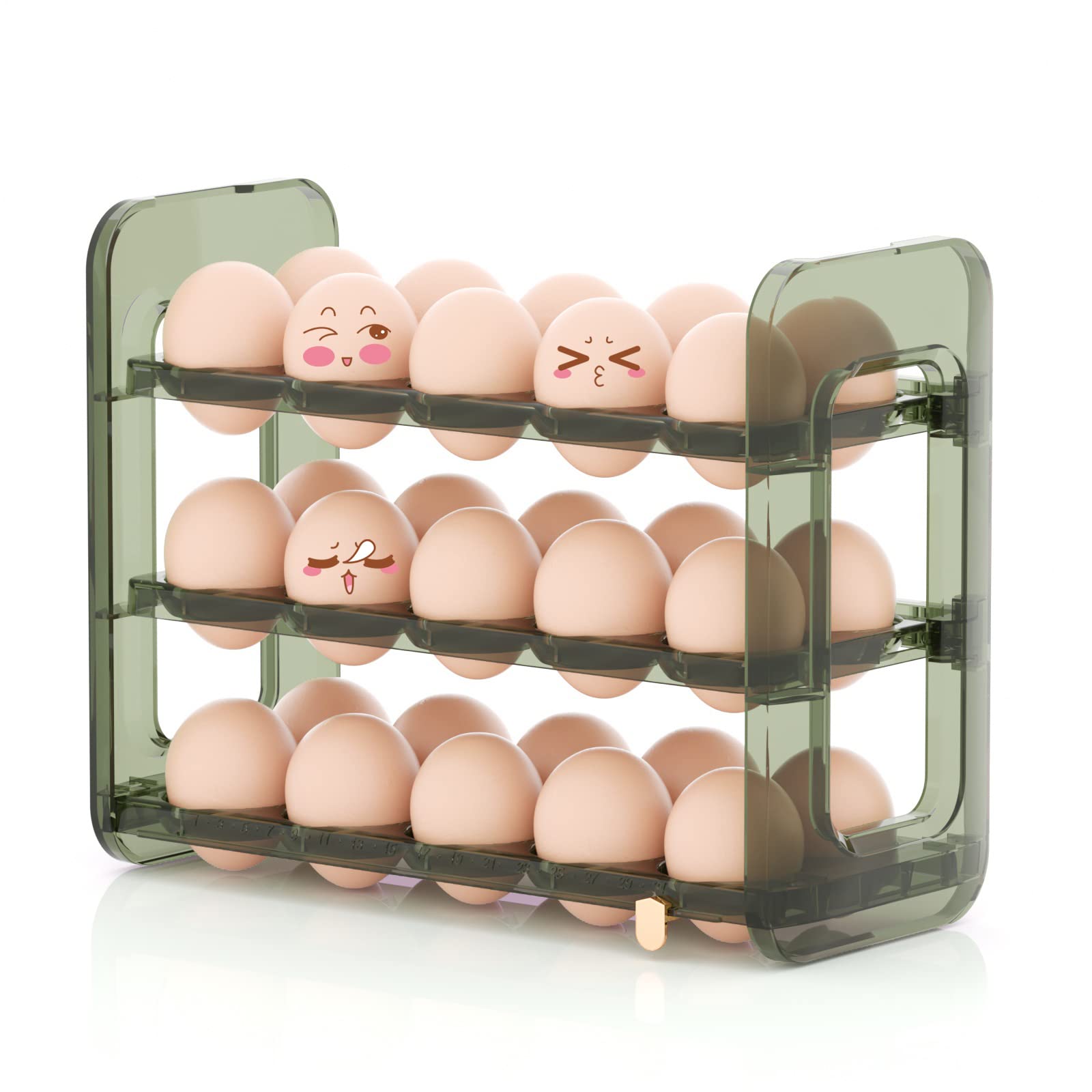 rxgatrme Egg Holder for Refrigerator 3-Layer 30 Grid Flip Fridge Egg Tray Container Plastic Egg Storage Container for Refrigerator Egg Dispenser for Refrigerator Reusable Green Egg Tray