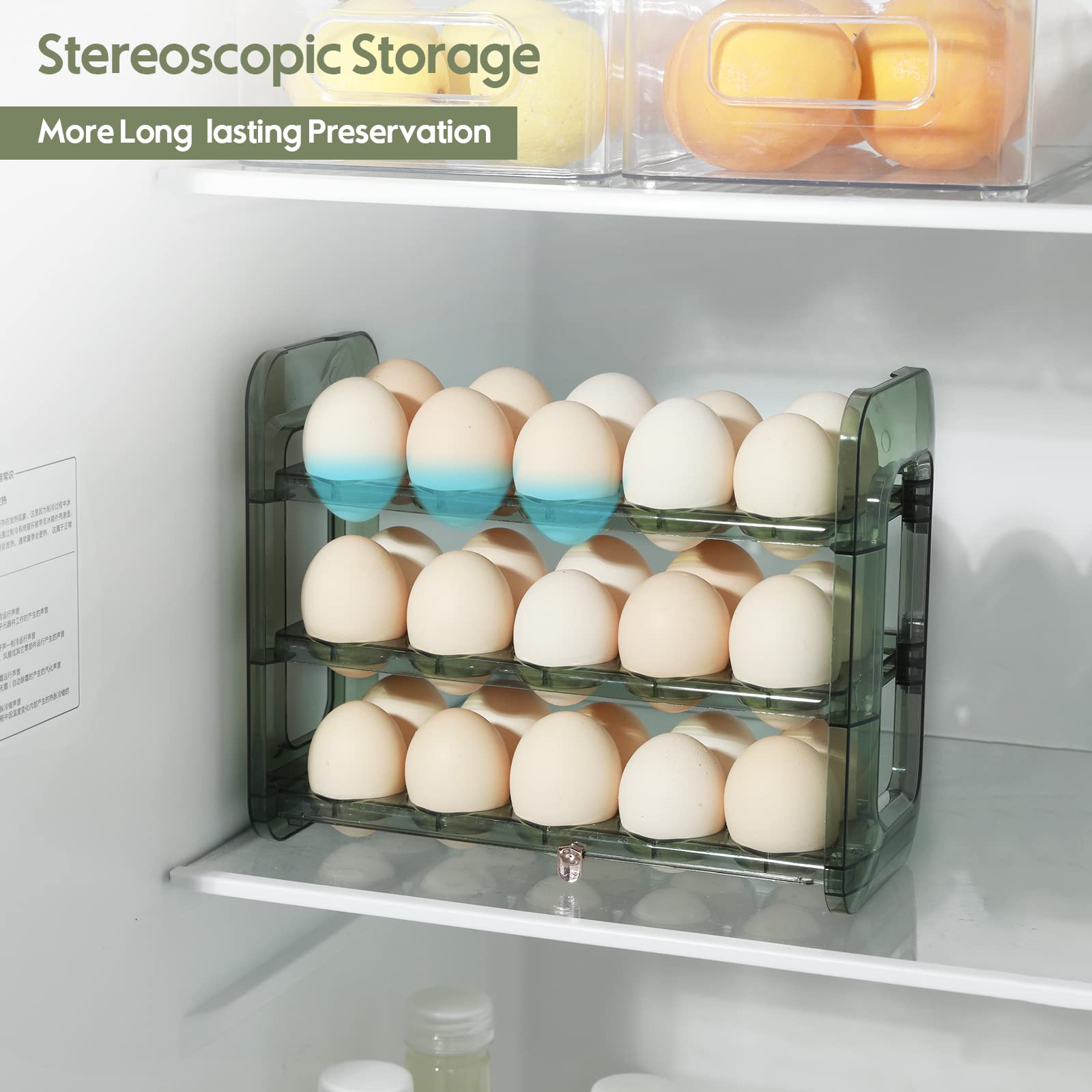 rxgatrme Egg Holder for Refrigerator 3-Layer 30 Grid Flip Fridge Egg Tray Container Plastic Egg Storage Container for Refrigerator Egg Dispenser for Refrigerator Reusable Green Egg Tray