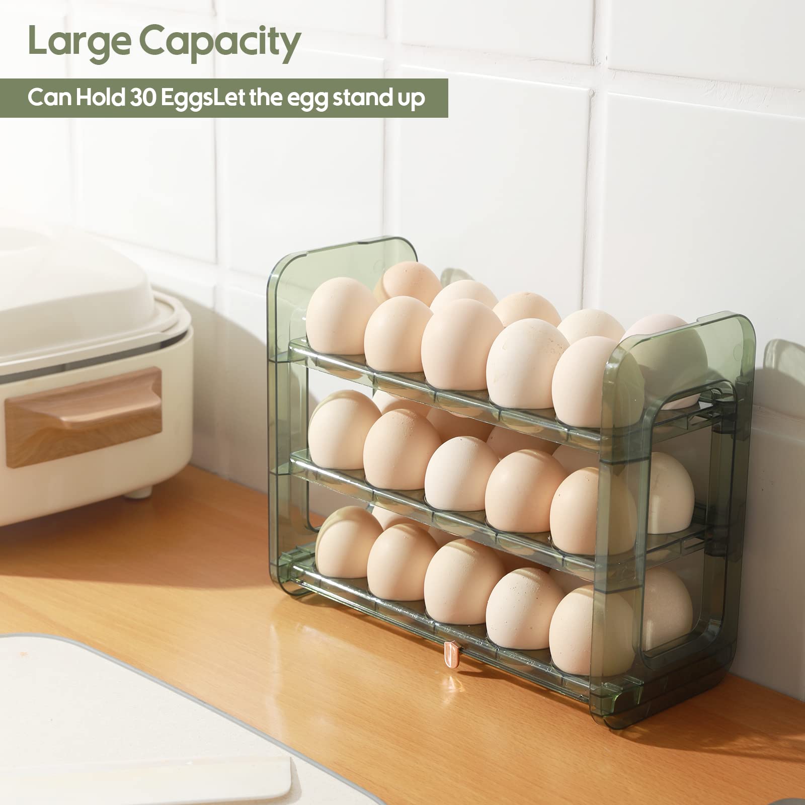 rxgatrme Egg Holder for Refrigerator 3-Layer 30 Grid Flip Fridge Egg Tray Container Plastic Egg Storage Container for Refrigerator Egg Dispenser for Refrigerator Reusable Green Egg Tray