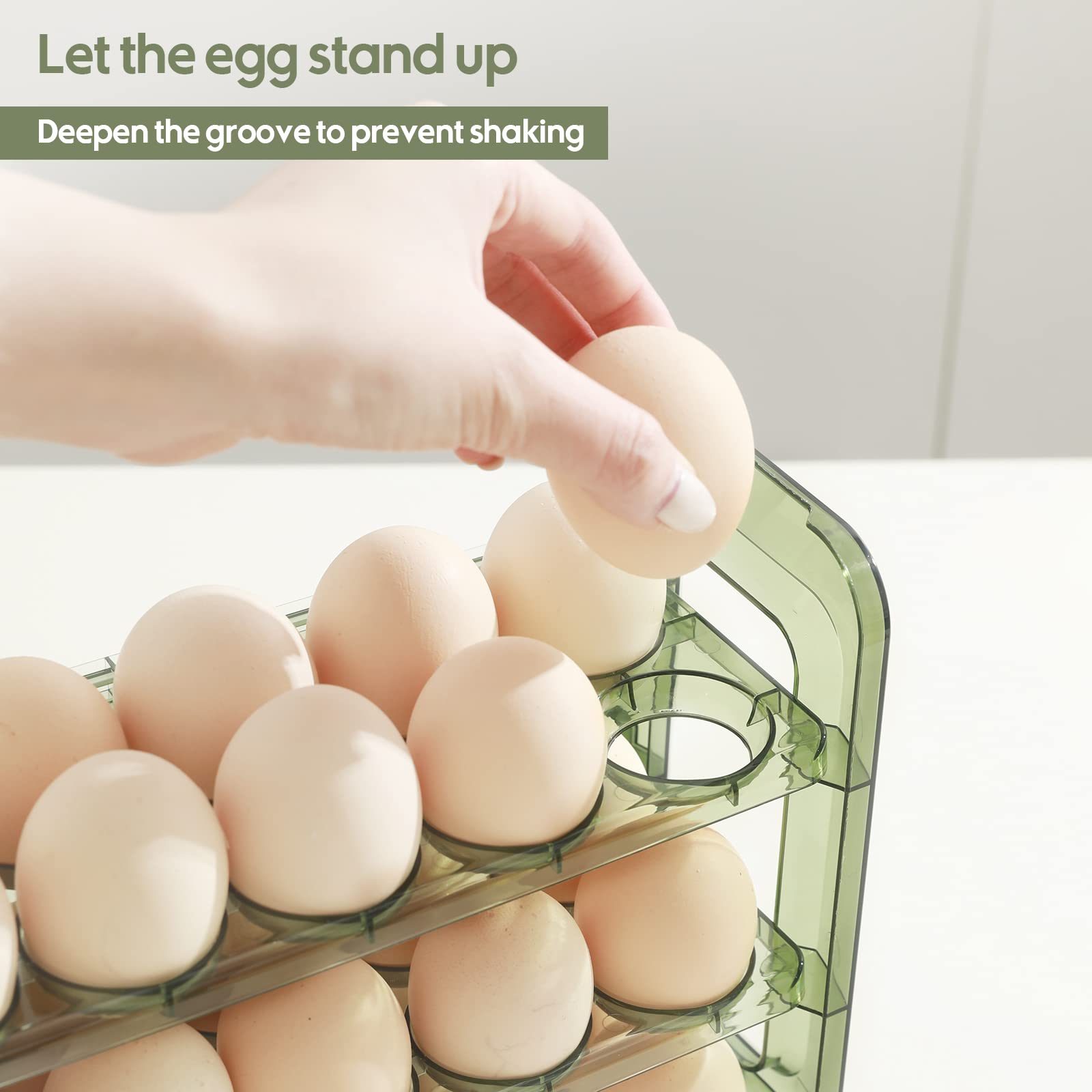 rxgatrme Egg Holder for Refrigerator 3-Layer 30 Grid Flip Fridge Egg Tray Container Plastic Egg Storage Container for Refrigerator Egg Dispenser for Refrigerator Reusable Green Egg Tray