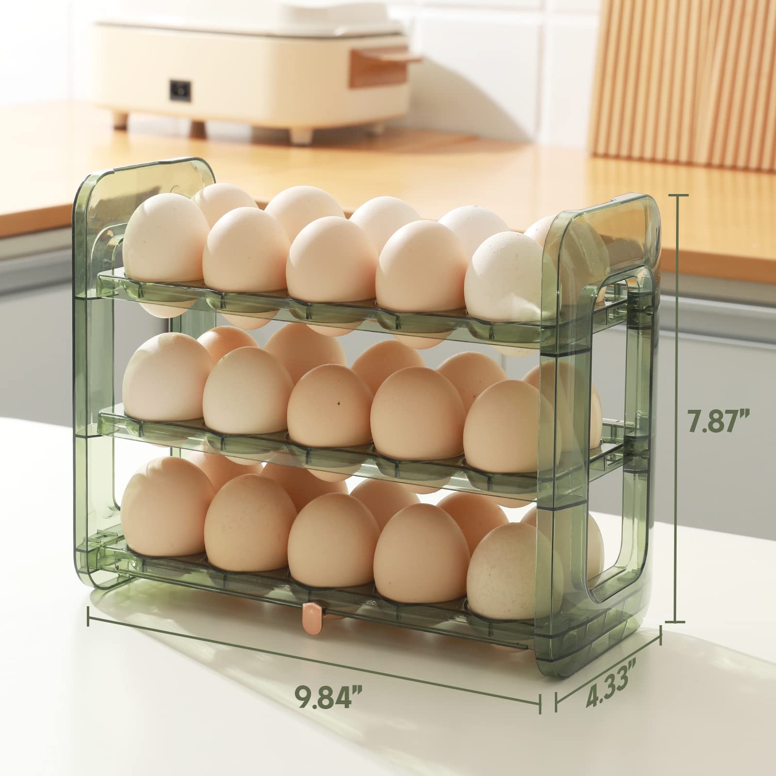 rxgatrme Egg Holder for Refrigerator 3-Layer 30 Grid Flip Fridge Egg Tray Container Plastic Egg Storage Container for Refrigerator Egg Dispenser for Refrigerator Reusable Green Egg Tray